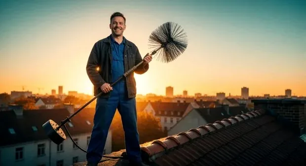 Chimney sweep working on a rooftop in Carver County