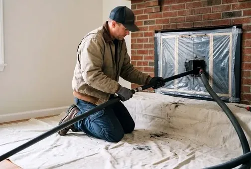 HEPA vacuum and drop cloths protecting a living room during a sweep