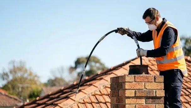 Technician lowering a stainless liner into a chimney for a wood stove